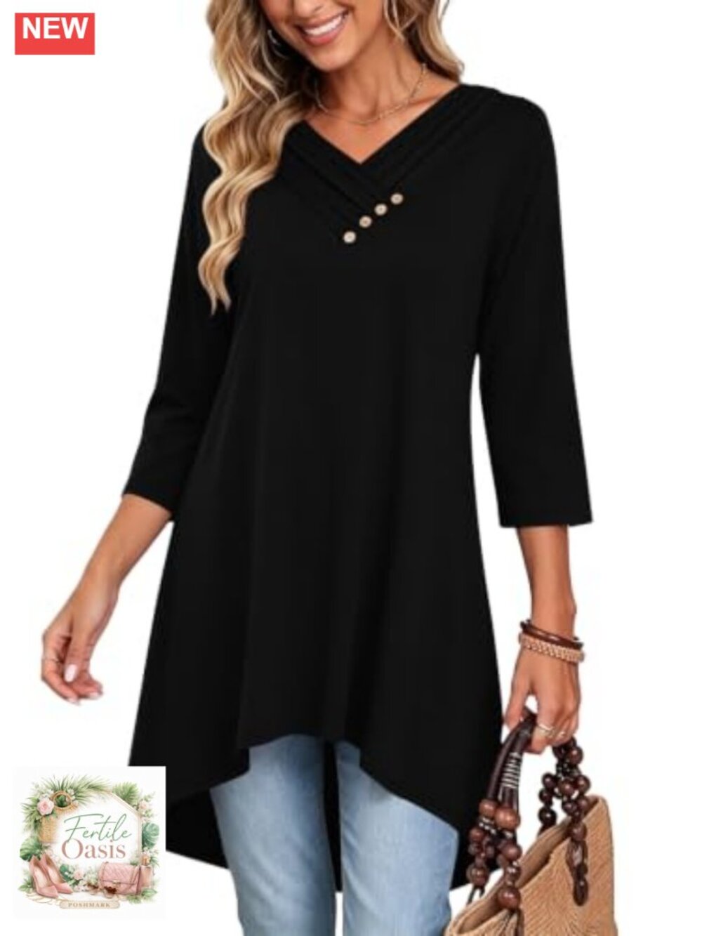 Tunic Top Women 3/4 Sleeve V Neck High Low Hem Rayon Blend Loose Fit
